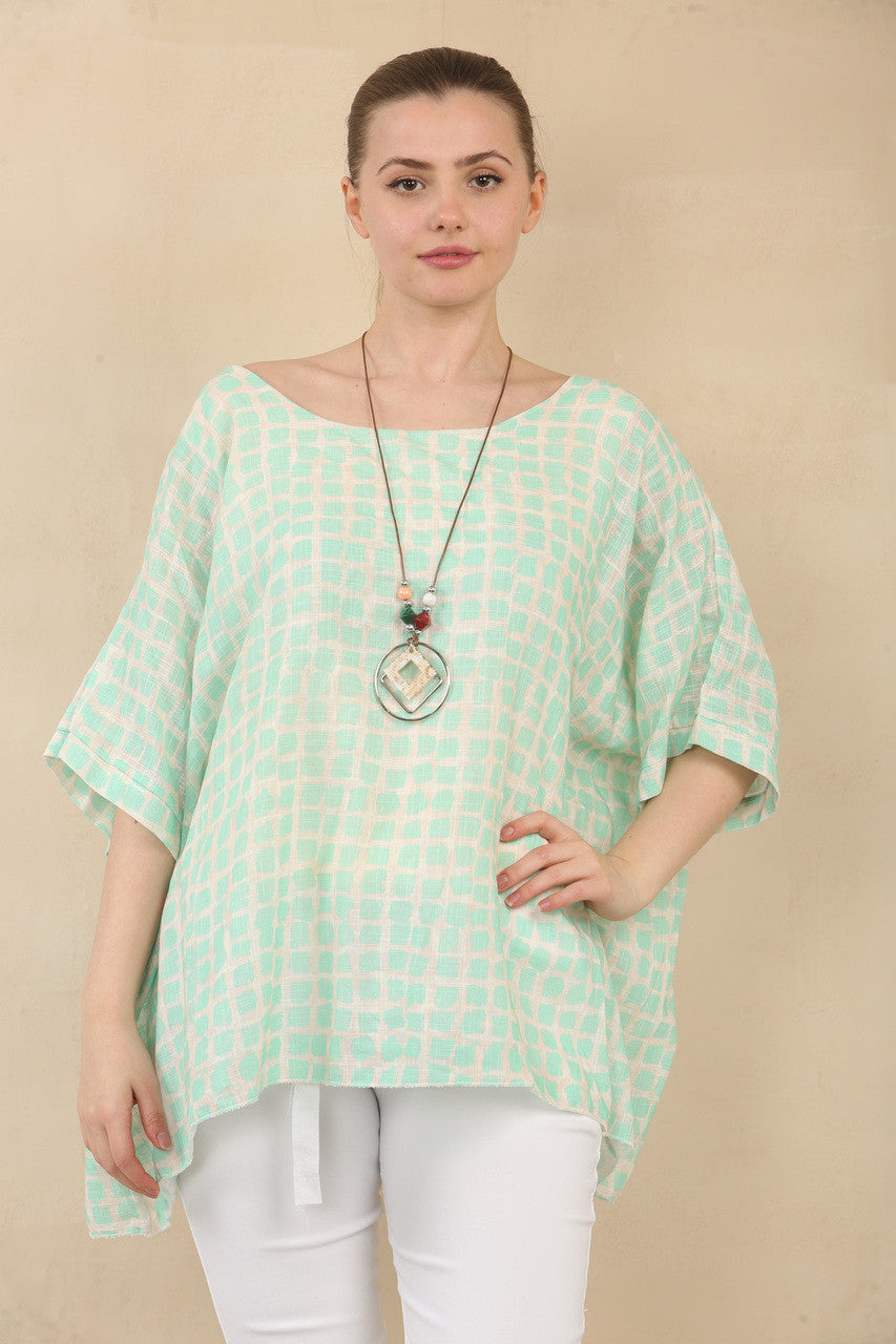 VIERKANTEN PRINT GESTRUCTUREERDE BATWING TOP MET KETTING - MINT