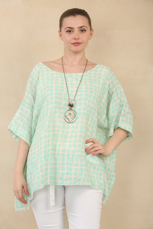 VIERKANTEN PRINT GESTRUCTUREERDE BATWING TOP MET KETTING - MINT