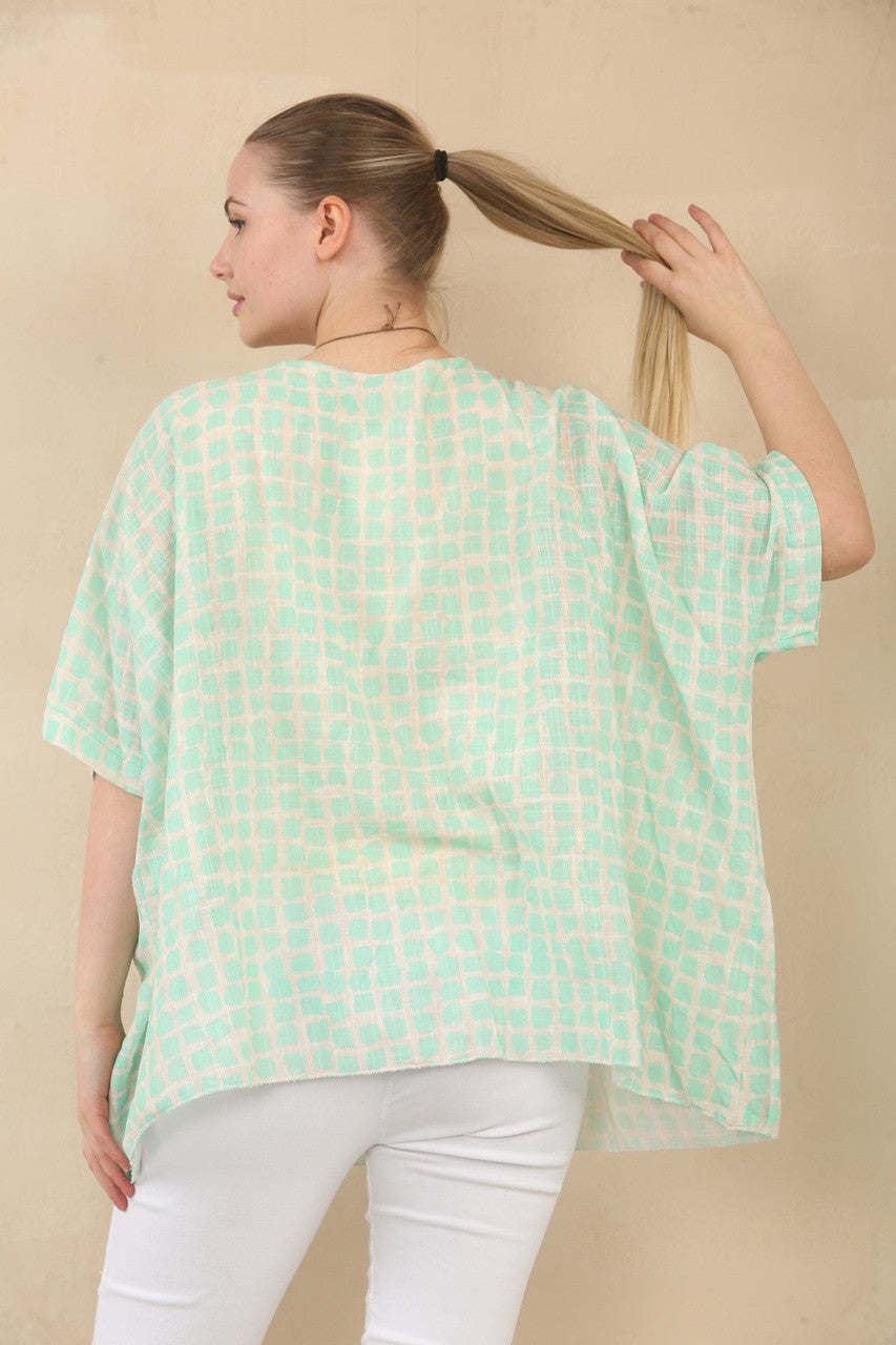 VIERKANTEN PRINT GESTRUCTUREERDE BATWING TOP MET KETTING - MINT