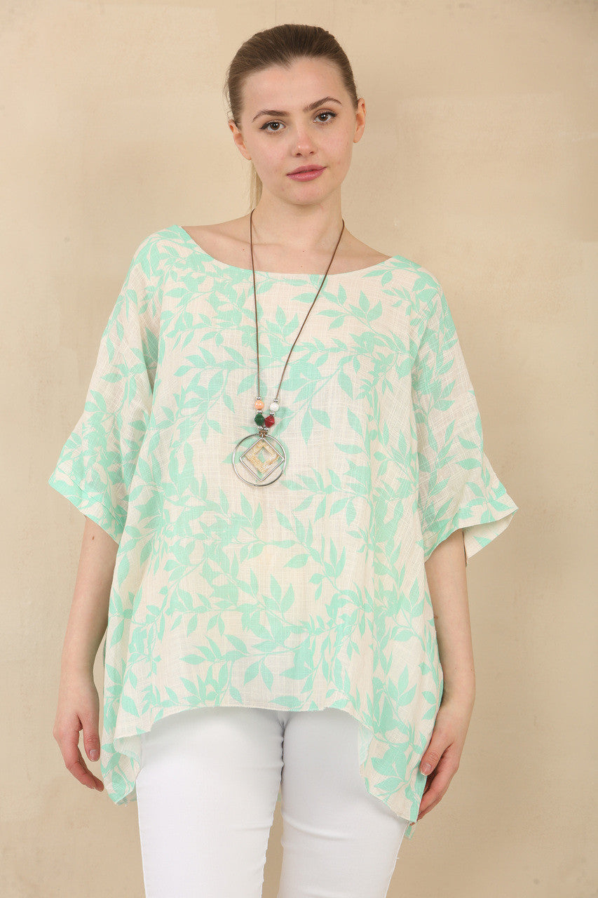 TOP MET VLEERMOUWVMOUWEN, BLADPRINT EN KETTING - MINT