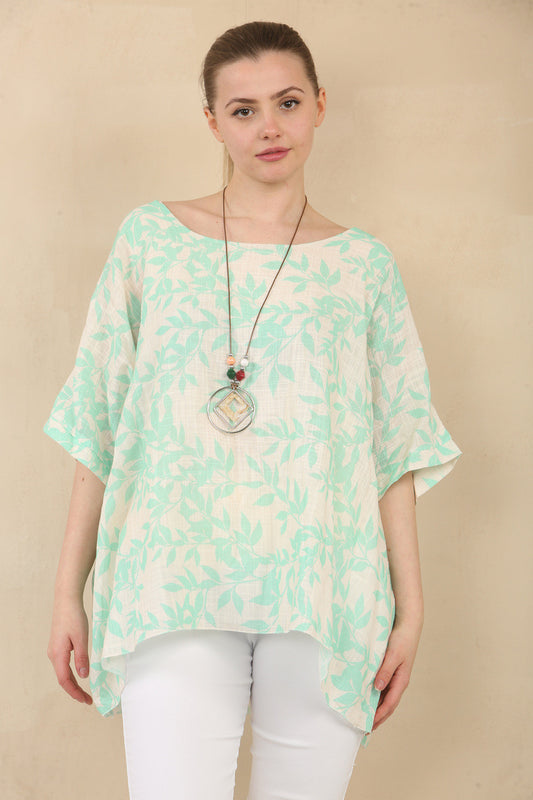 LEAF PRINT TEXTURED BATWING TOP WITH NECKLACE - MINT