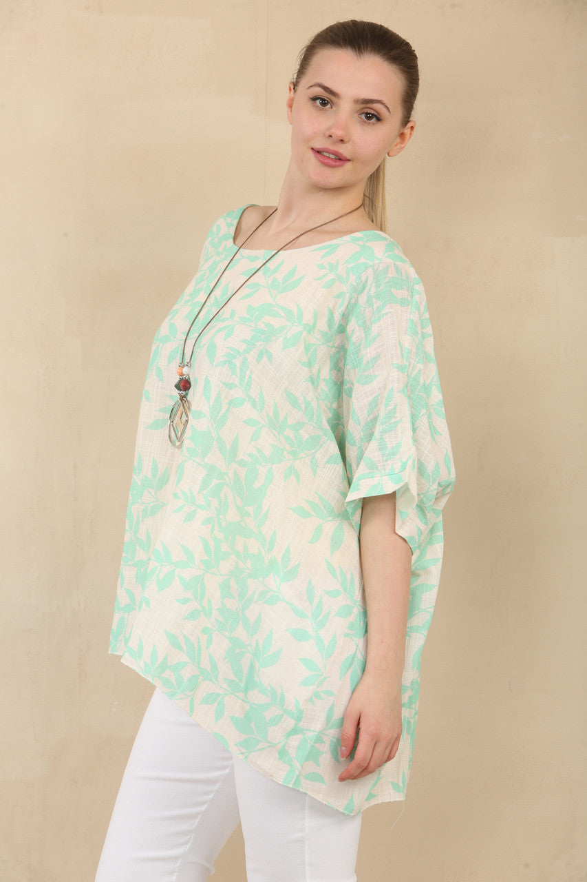 TOP MET VLEERMOUWVMOUWEN, BLADPRINT EN KETTING - MINT