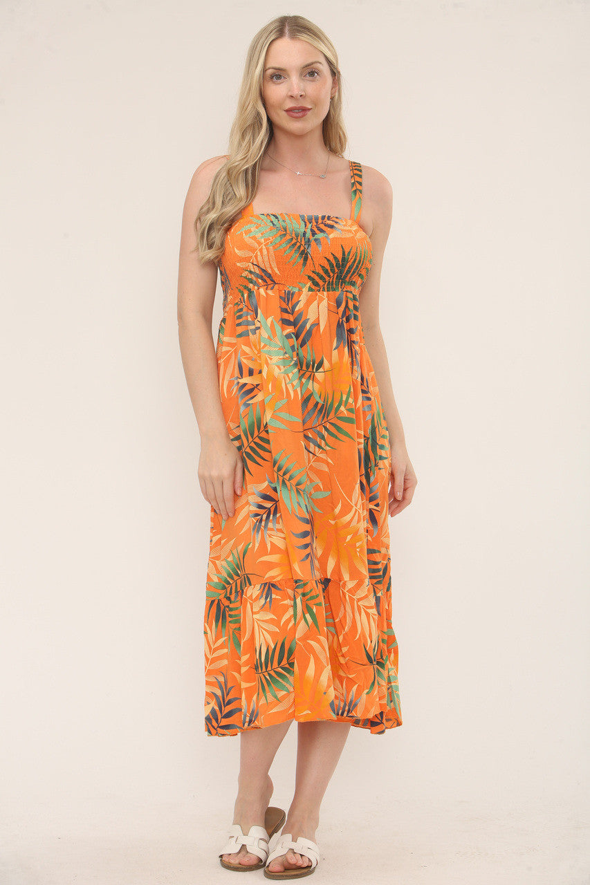 Shirred Tropical Print Dress - Orange