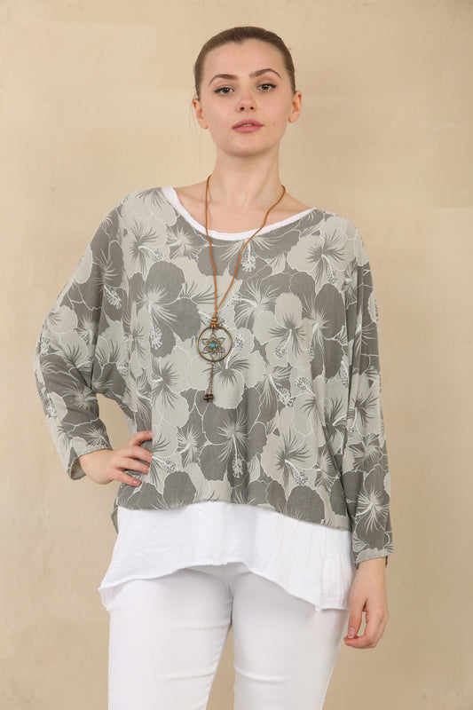 FLORAL LILY PRINT DOUBLE LAYER TOP WITH NECKLACE - TAUPE