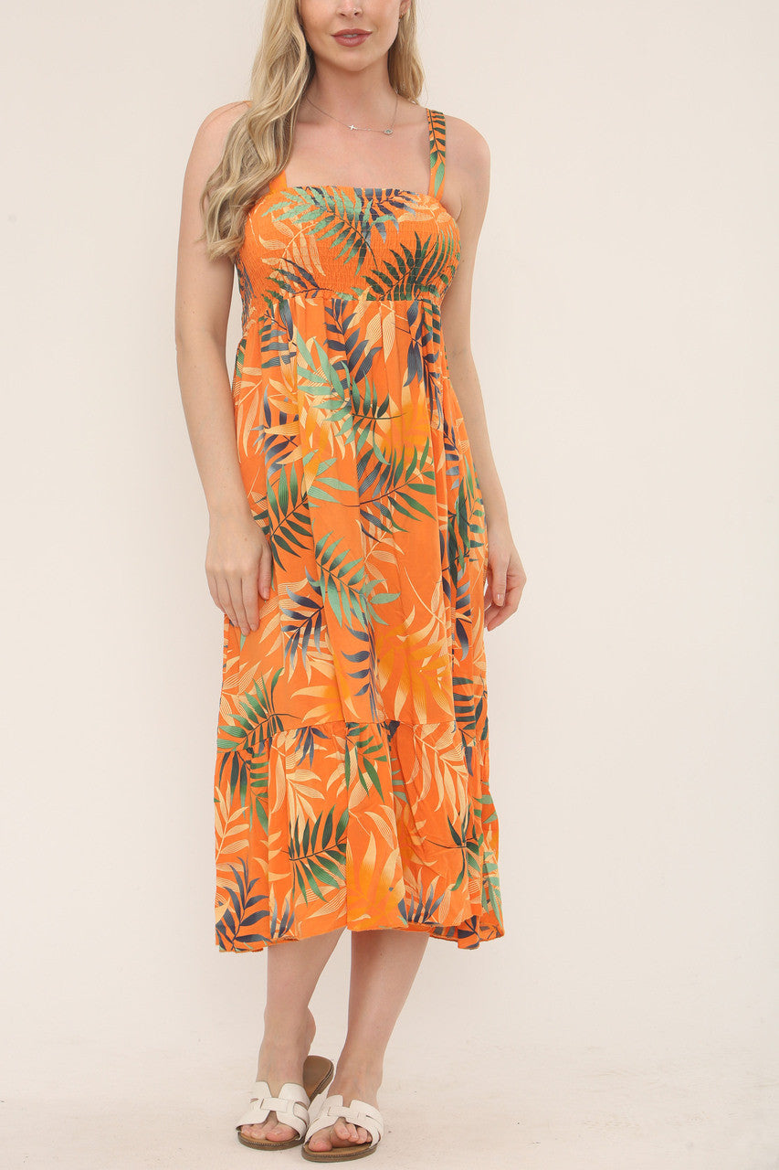 Shirred Tropical Print Dress - Orange
