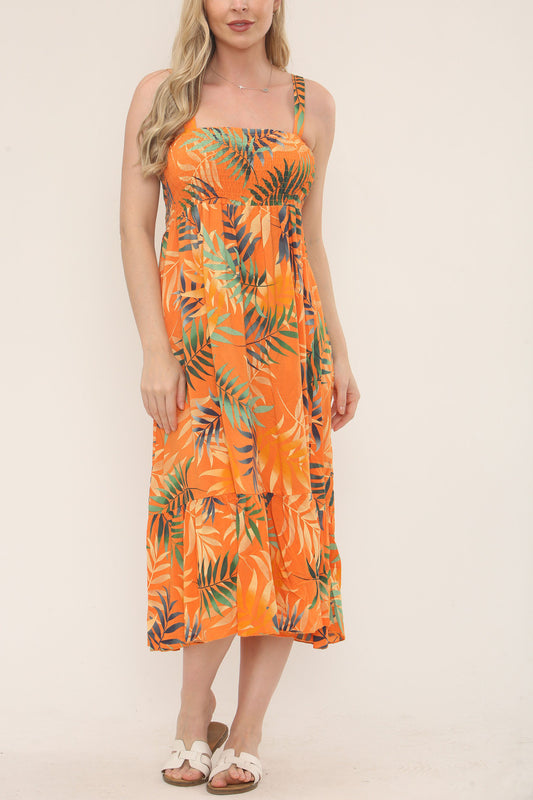 Shirred Tropical Print Dress - Orange