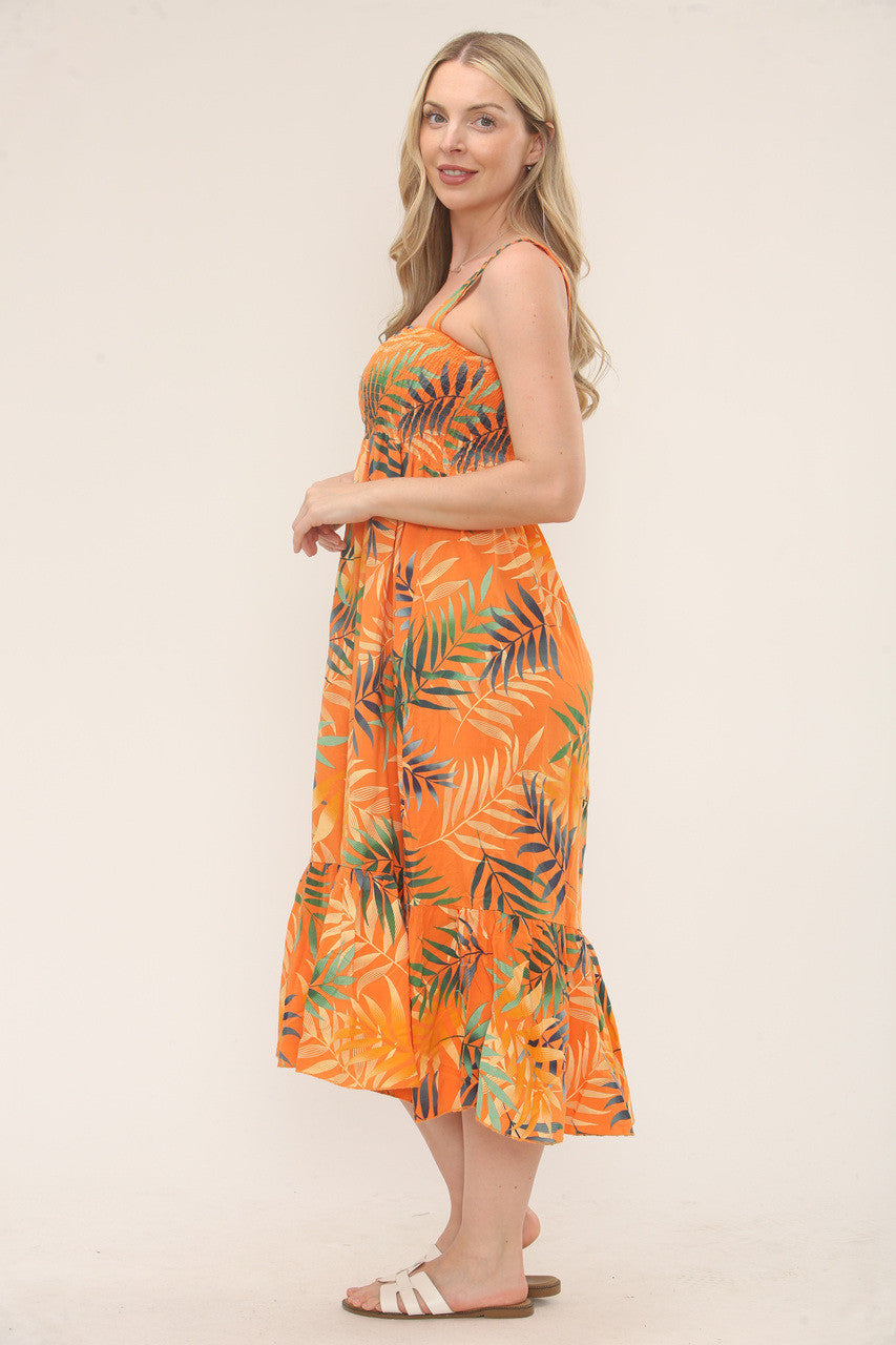 Shirred Tropical Print Dress - Orange