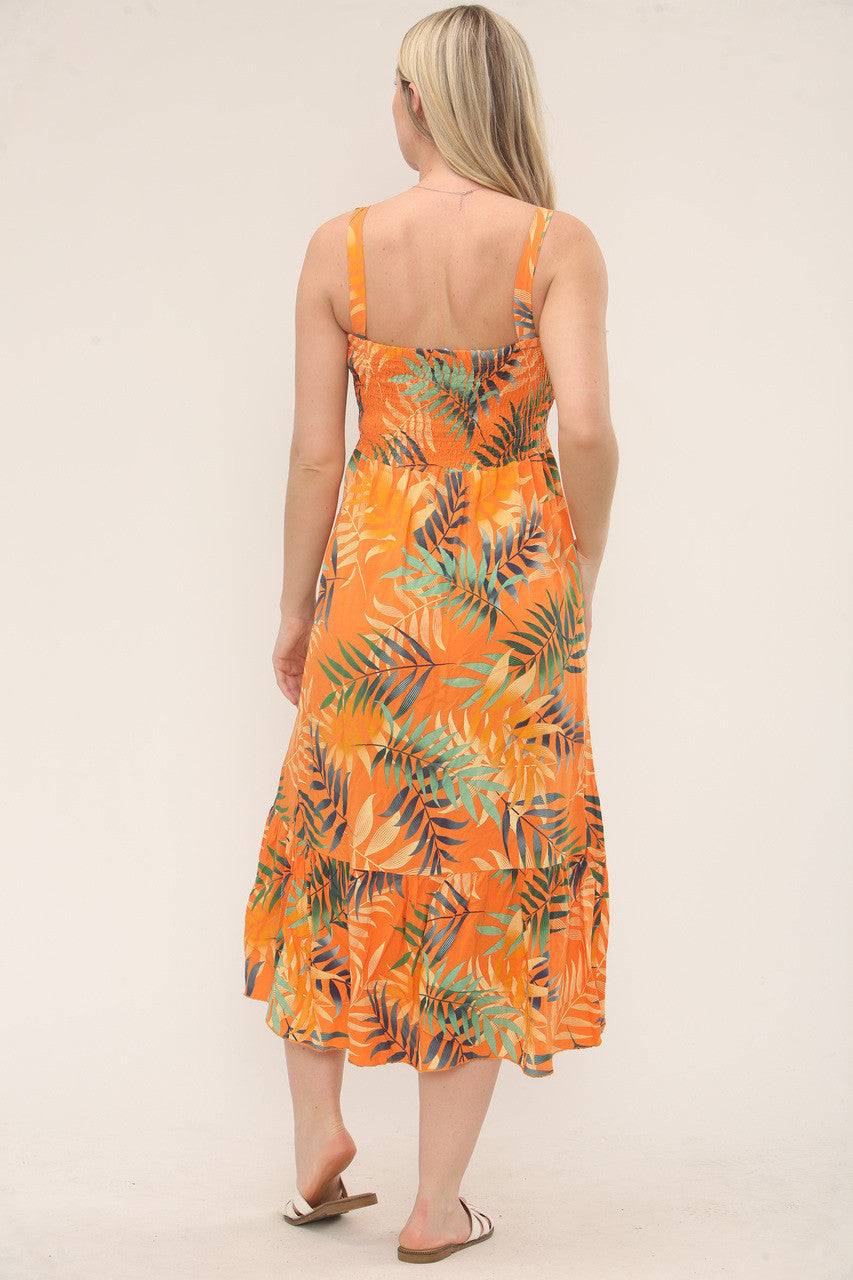 Shirred Tropical Print Dress - Orange