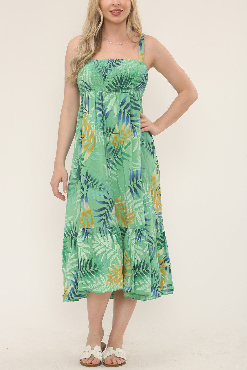 Shirred Tropical Print Dress - Green