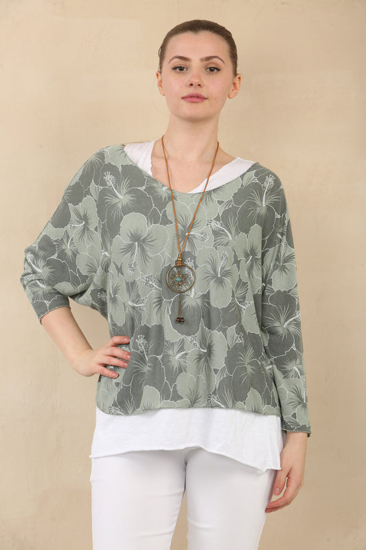 FLORAL LILY PRINT DOUBLE LAYER TOP WITH NECKLACE - KHAKI