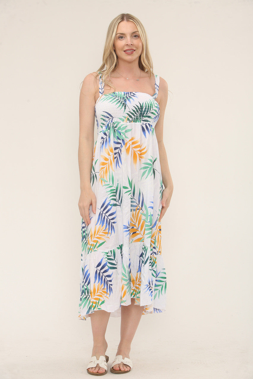 Shirred Tropical Print Dress - White