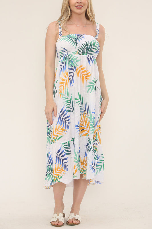 Shirred Tropical Print Dress - White