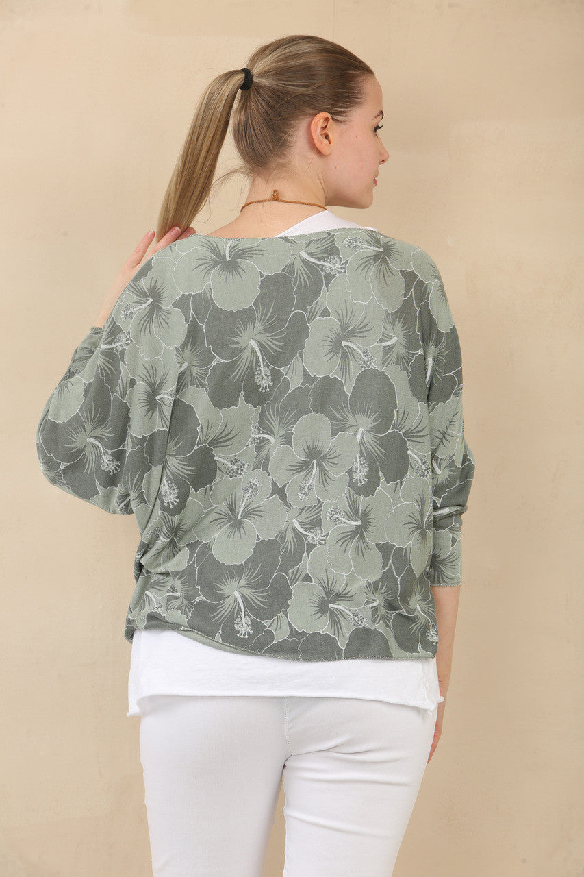 TOP MET DUBBELE LAAG EN BLOEMEN LELIEPRINT MET KETTING - KHAKI