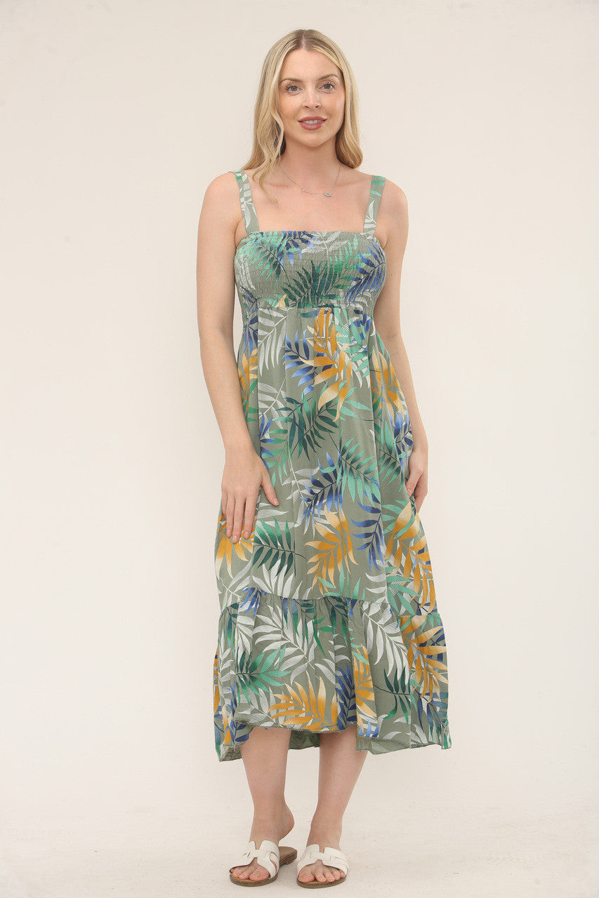Shirred Tropical Print Dress - Khaki