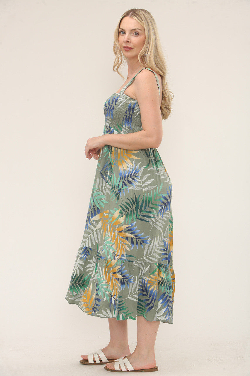 Shirred Tropical Print Dress - Khaki