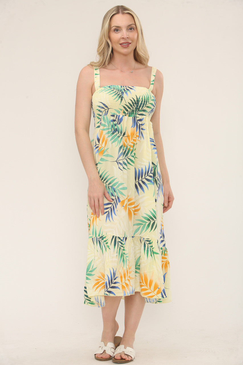 Shirred Tropical Print Dress - Lemon