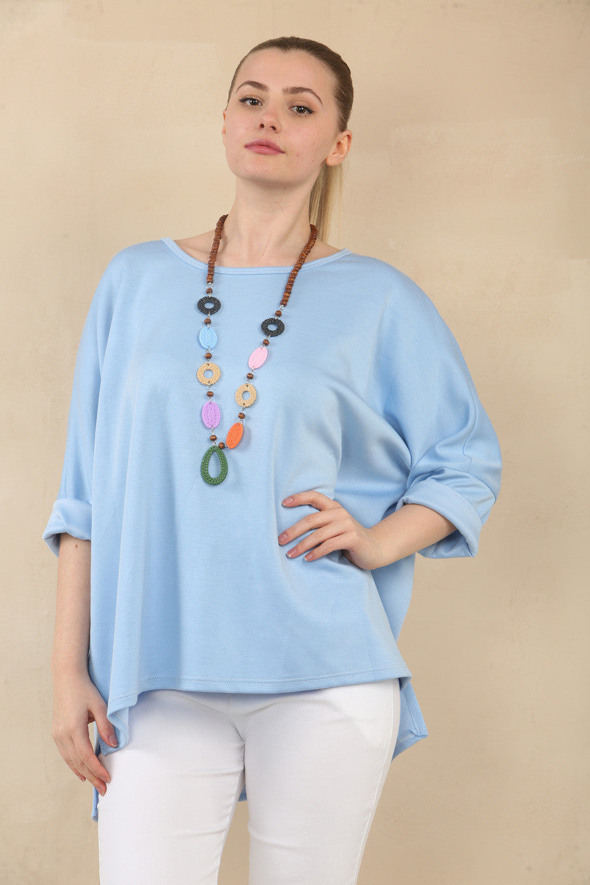 EFFEN 3/4 MOUW VLEERMUISMOUW TOP MET KETTING - LICHTBLAUW