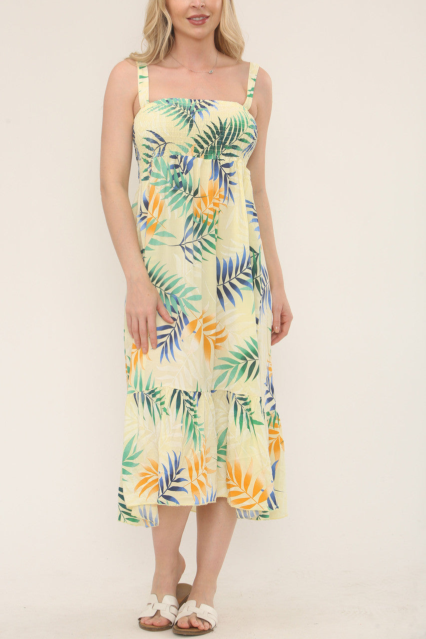Shirred Tropical Print Dress - Lemon