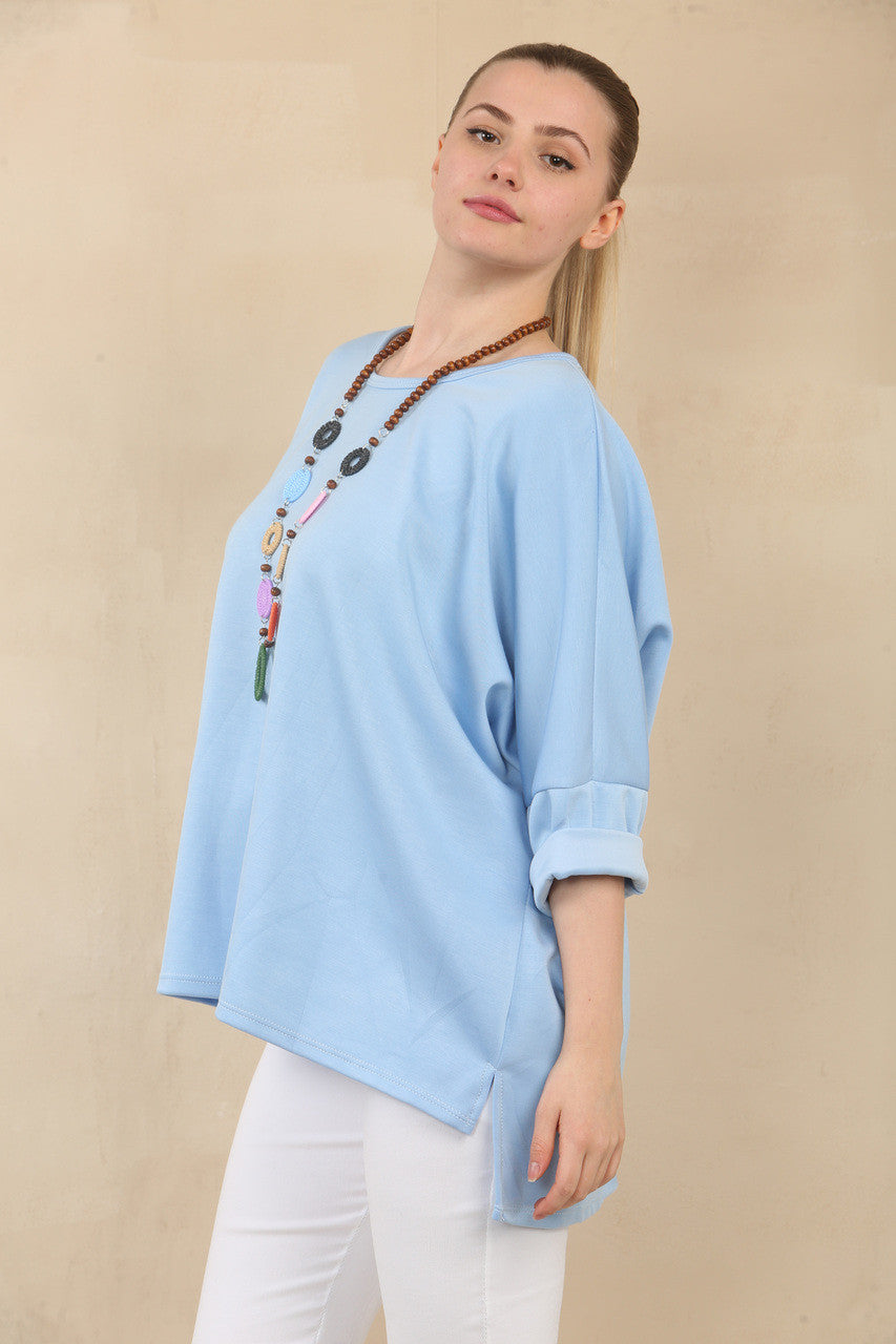 EFFEN 3/4 MOUW VLEERMUISMOUW TOP MET KETTING - LICHTBLAUW