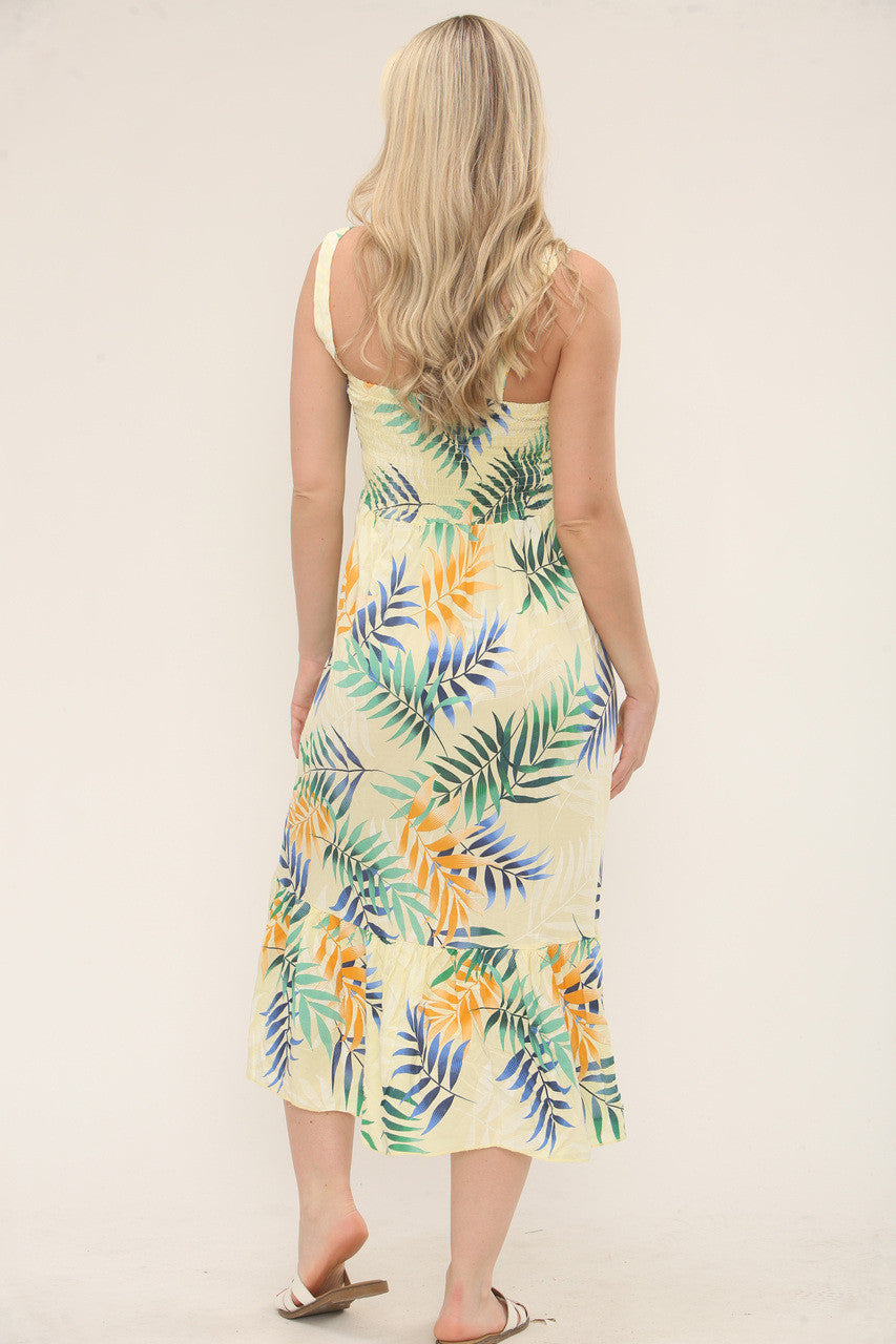 Shirred Tropical Print Dress - Lemon