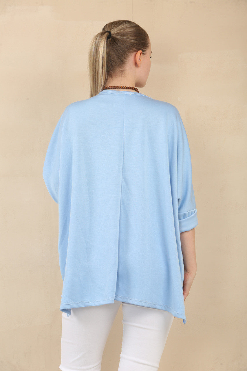 EFFEN 3/4 MOUW VLEERMUISMOUW TOP MET KETTING - LICHTBLAUW