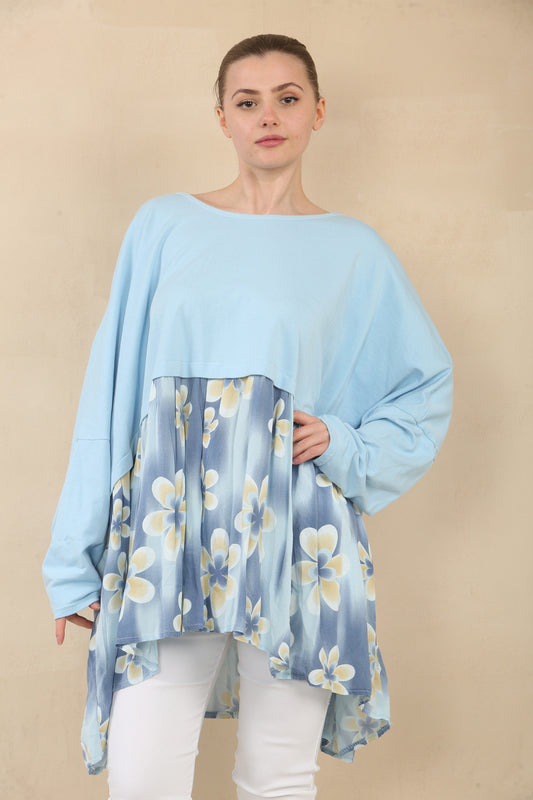 FLORAL PRINT PANEL FLOATY TOP - LIGHT BLUE