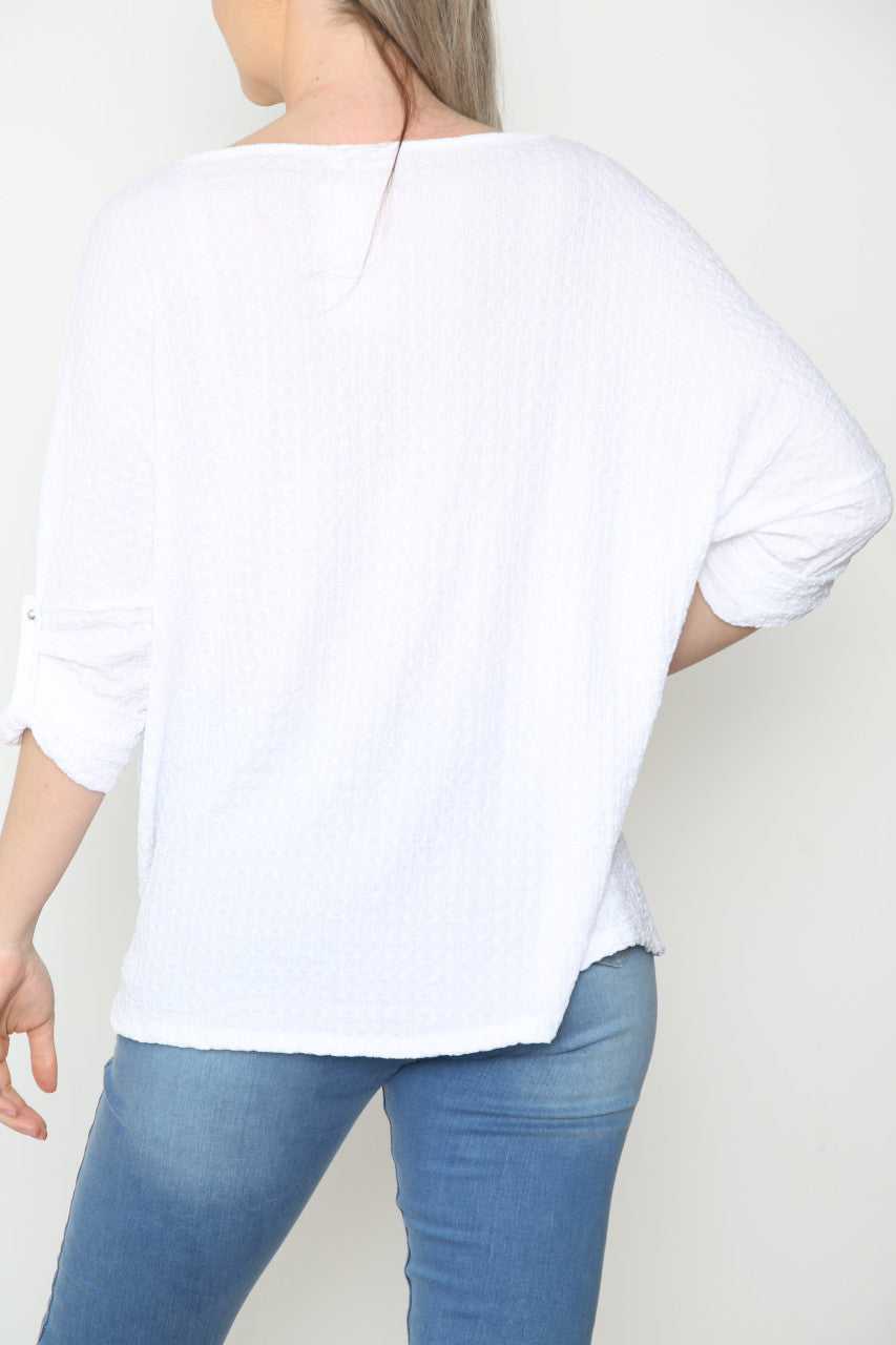 Ladies Crepe Roll Sleeve Top White