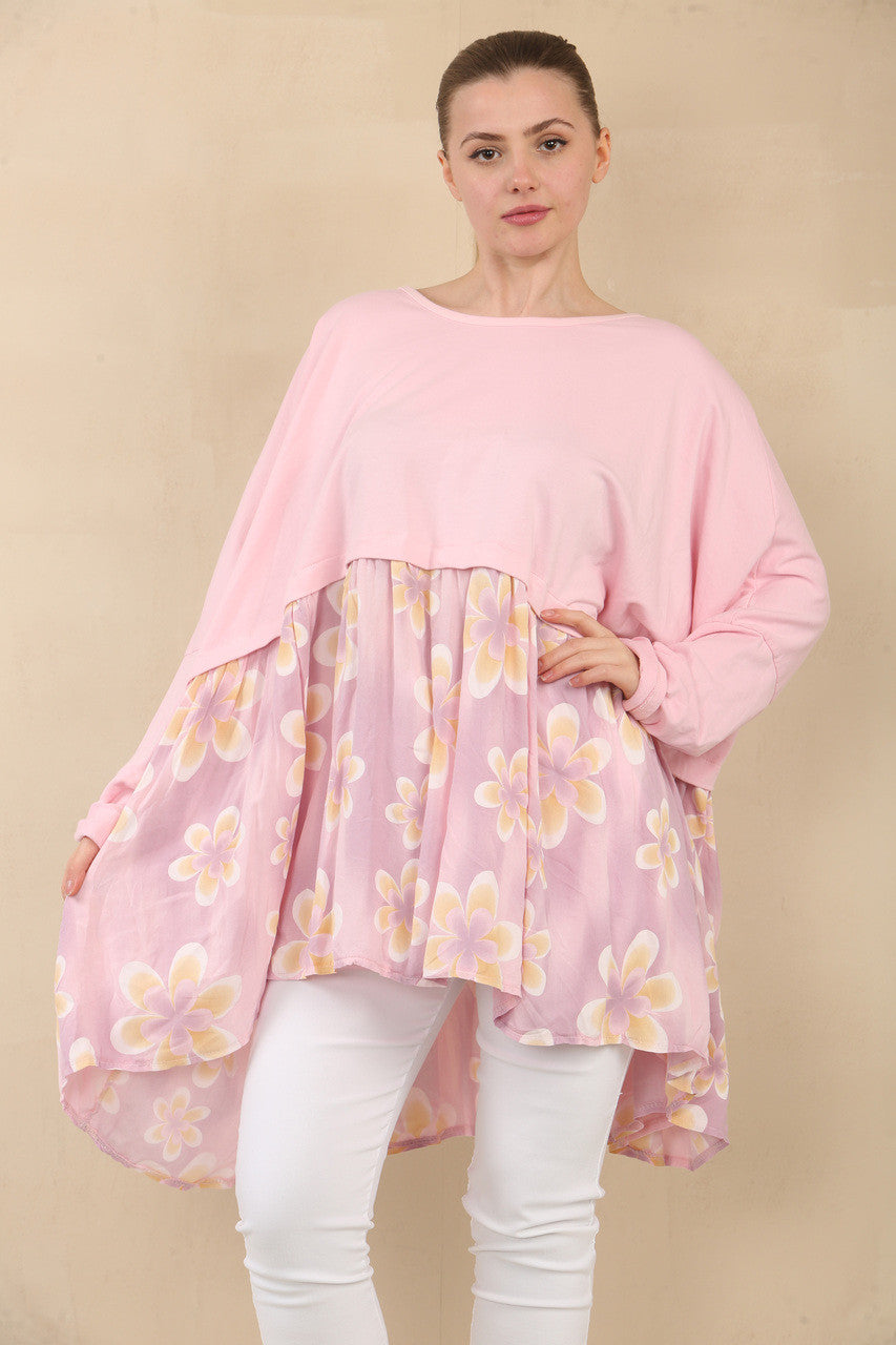 TOP MET BLADERENPRINT EN PANEEL - ROZE