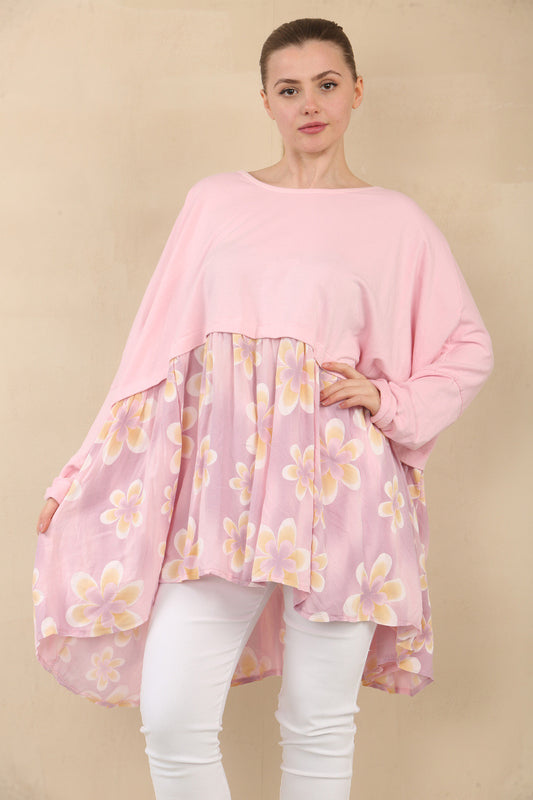 FLORAL PRINT PANEL FLOATY TOP - PINK