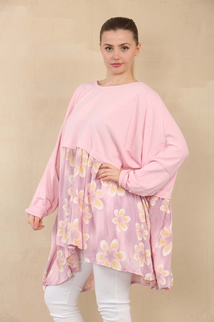TOP MET BLADERENPRINT EN PANEEL - ROZE