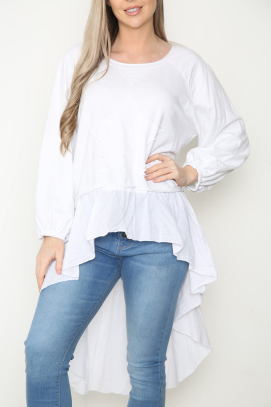 Ladies Analgise Star Drop Hem Sweatshirt Top White