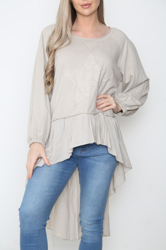 Ladies Analgise Star Drop Hem Sweatshirt Top Stone