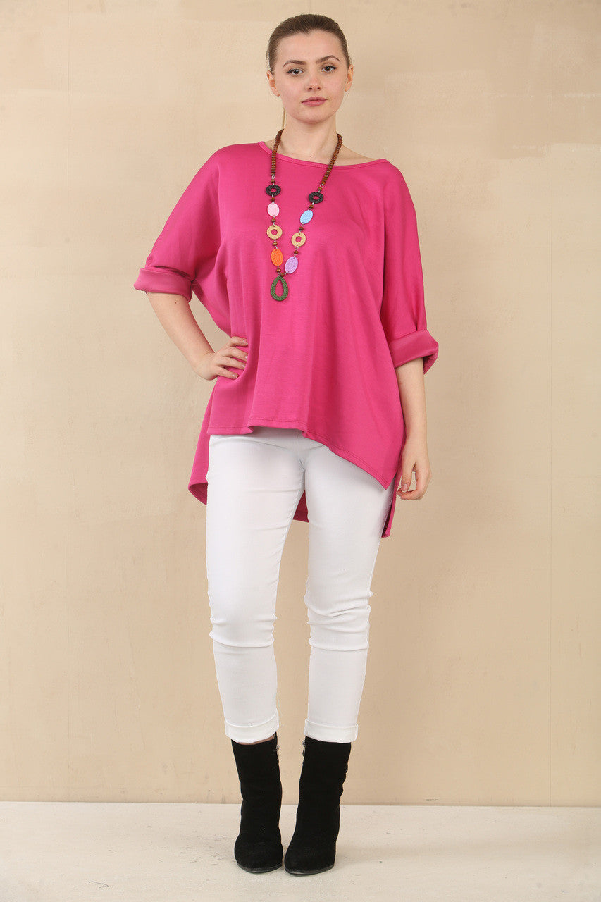 PLAIN 3/4 SLEEVE  BATWING TOP WITH NECKLACE - CERISE