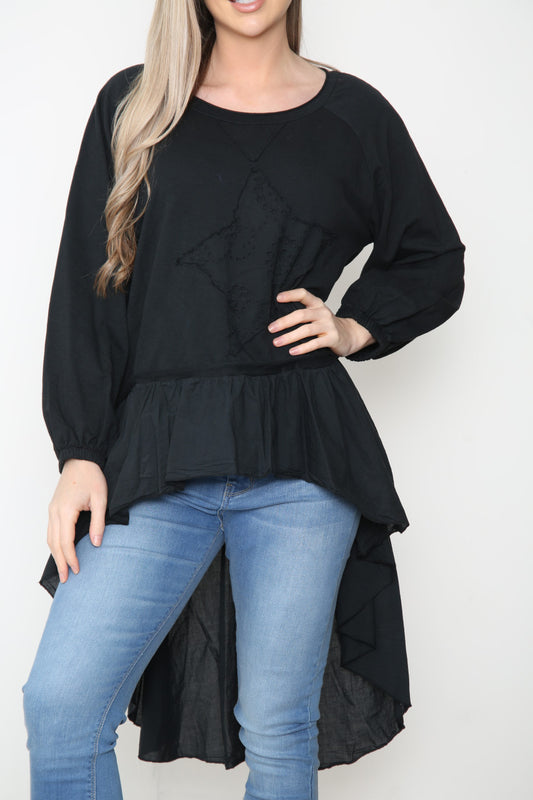 Ladies Analgise Star Drop Hem Sweatshirt Top Black
