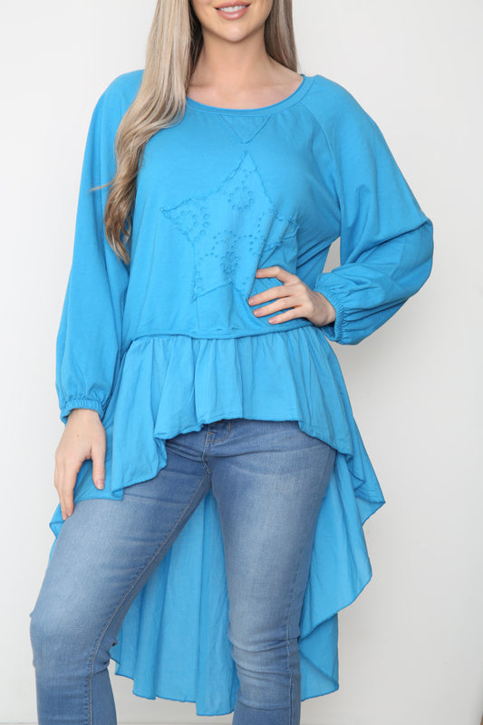 Ladies Analgise Star Drop Hem Sweatshirt Top Turquoise