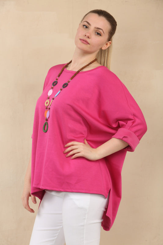PLAIN 3/4 SLEEVE BATWING TOP WITH NECKLACE - CERISE