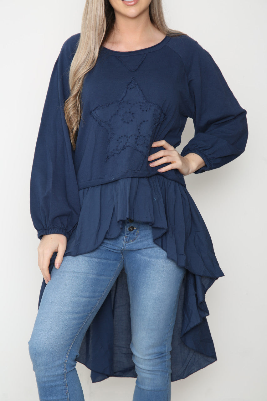 Ladies Analgise Star Drop Hem Sweatshirt Top Navy