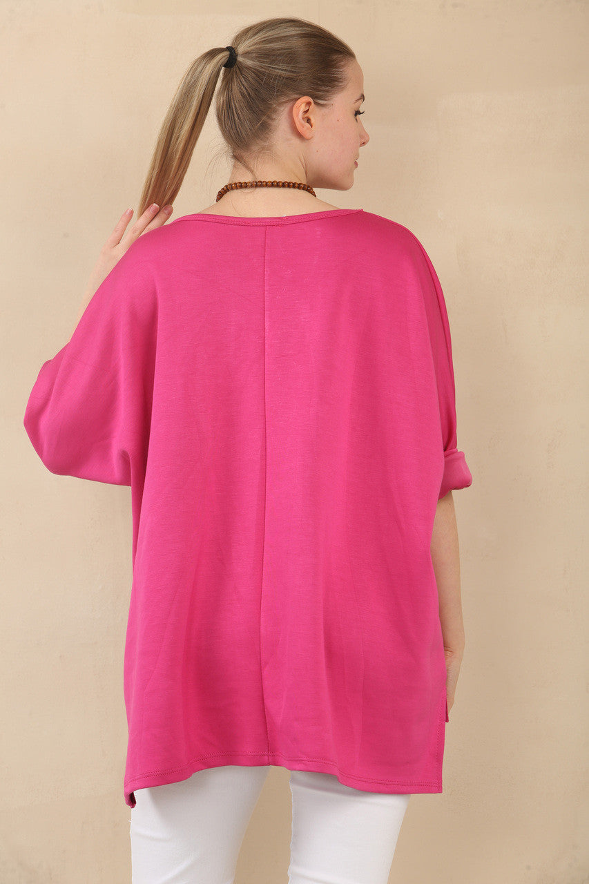 PLAIN 3/4 SLEEVE  BATWING TOP WITH NECKLACE - CERISE