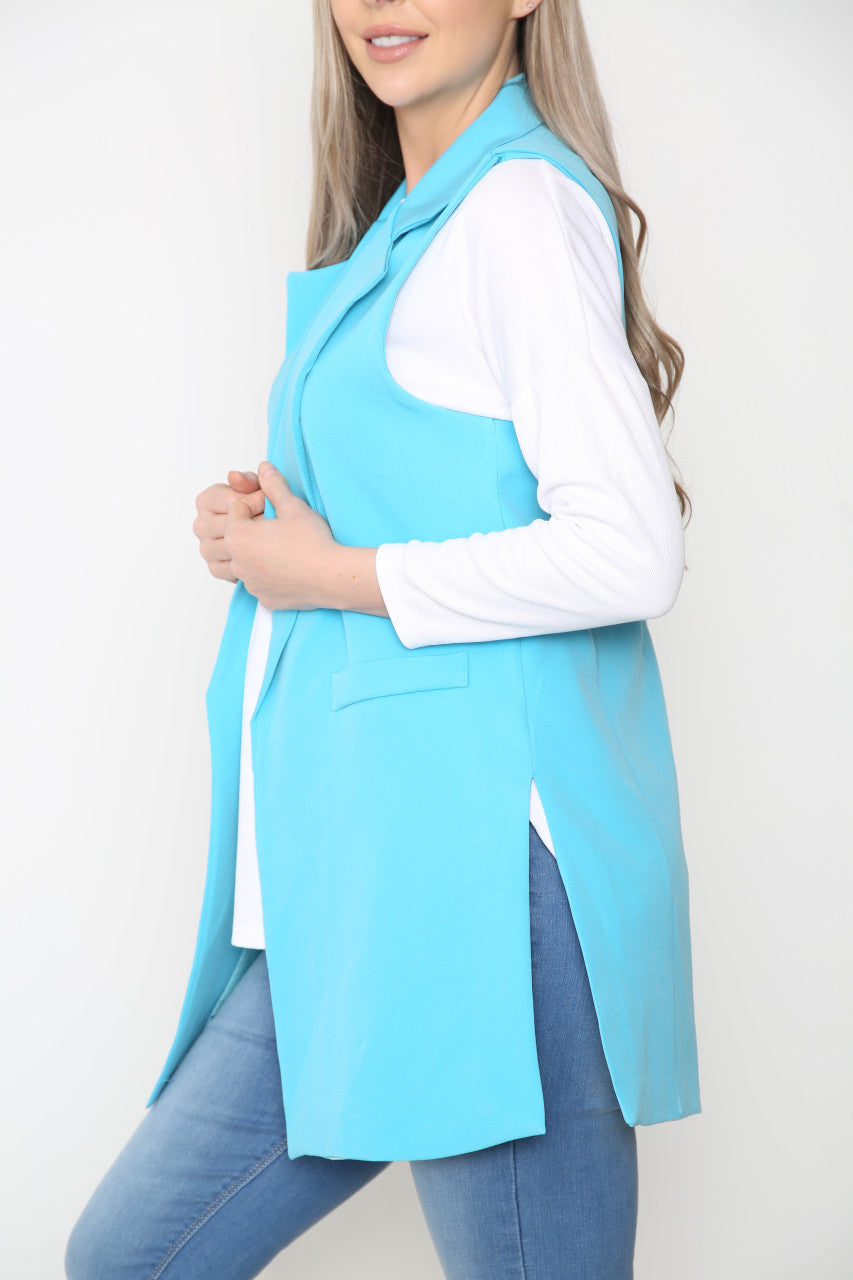 Ladies Plain Sleeveless Blazer Jacket Turquoise