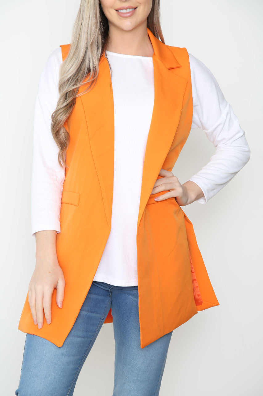 Ladies Plain Sleeveless Blazer Jacket Orange