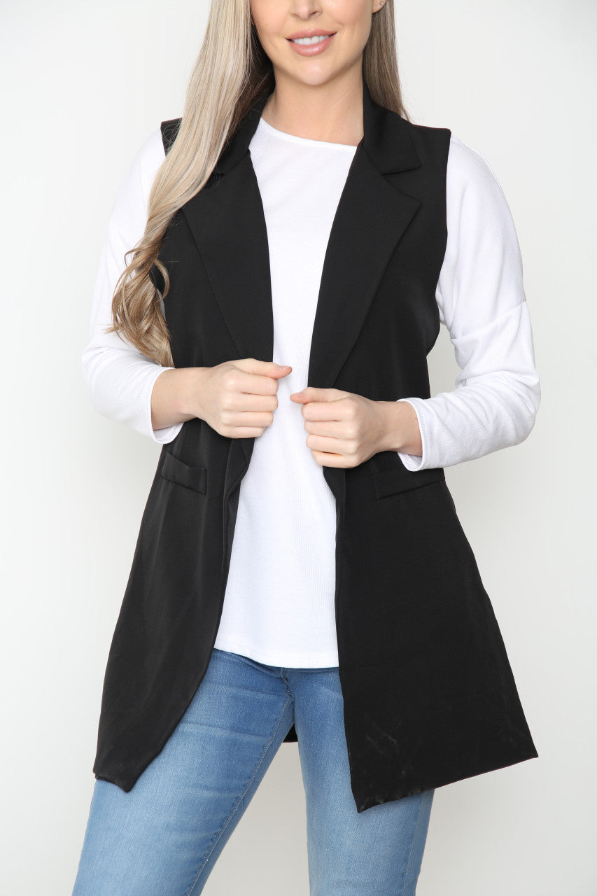 Ladies Plain Sleeveless Blazer Jacket Black