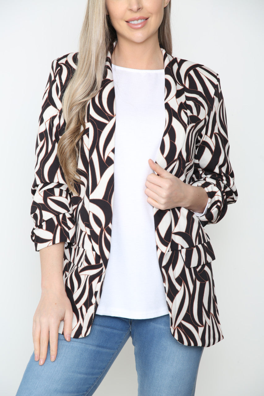 Ladies Geometric Print Blazer Jacket Black