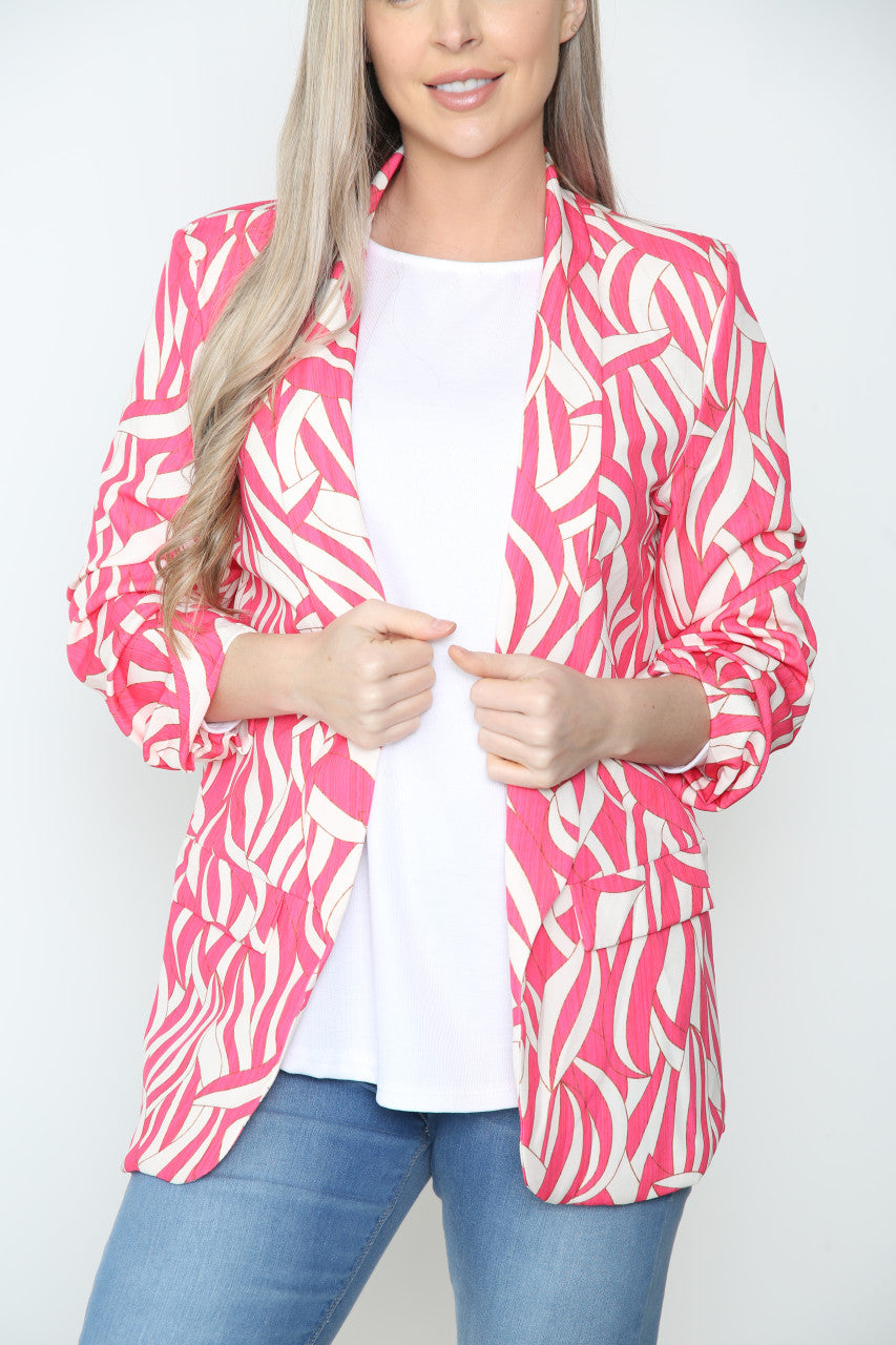 Ladies Geometric Print Blazer Jacket Cerise