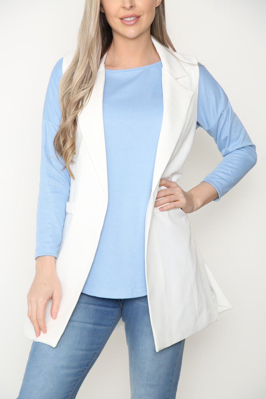 Ladies Plain Sleeveless Blazer Jacket White