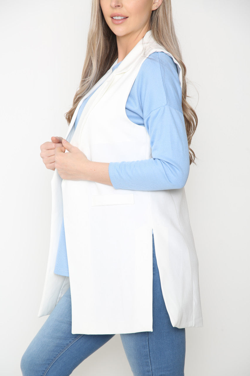 Ladies Plain Sleeveless Blazer Jacket White