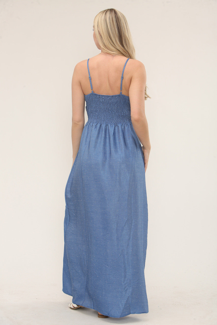 LANGE ZOMERJURK MET SPAGHETTIBANDJES EN STRASS - MIDDELBLAUW