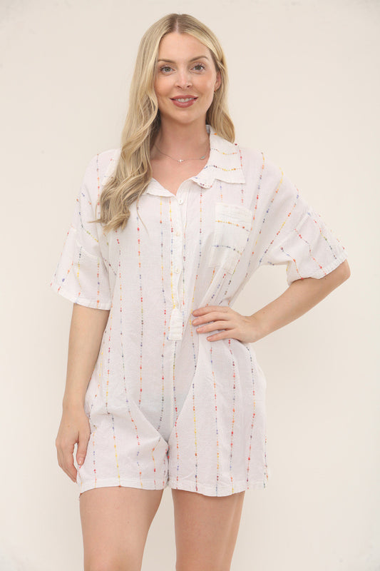MULTICOLOUR STRIPE EMBROIDERY SHIRT PLAYSUIT - WHITE