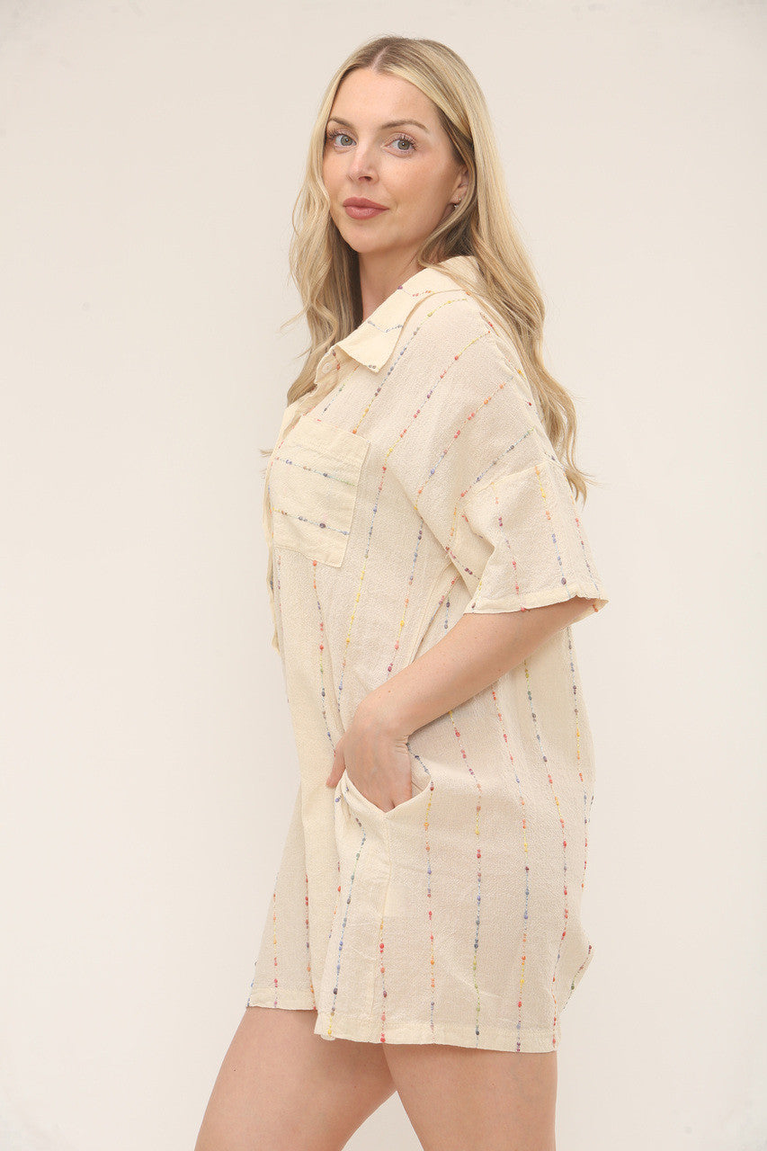 MULTICOLOUR STRIPE EMBROIDERY SHIRT PLAYSUIT - CREAM