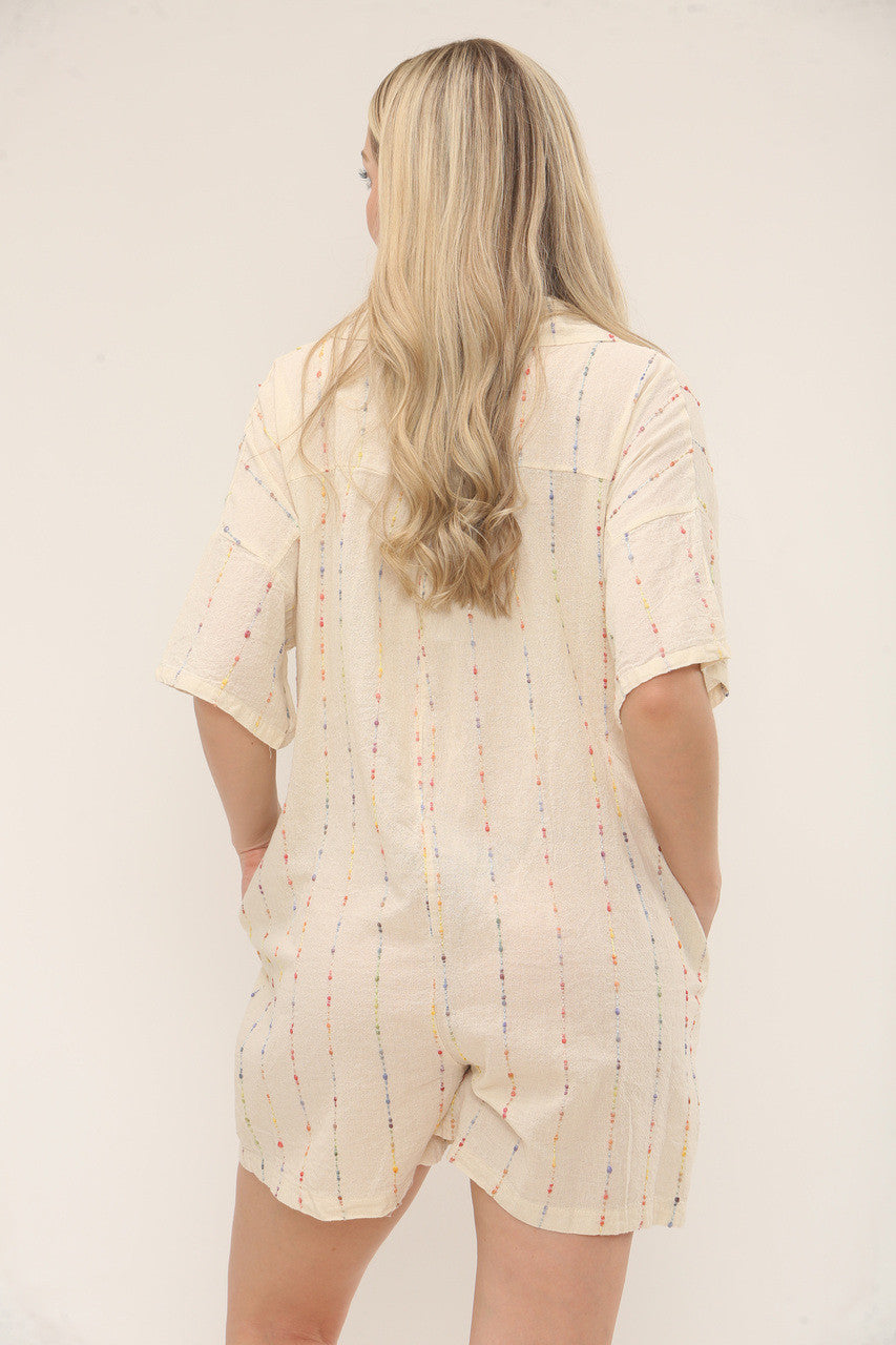 MULTICOLOUR STRIPE EMBROIDERY SHIRT PLAYSUIT - CREAM