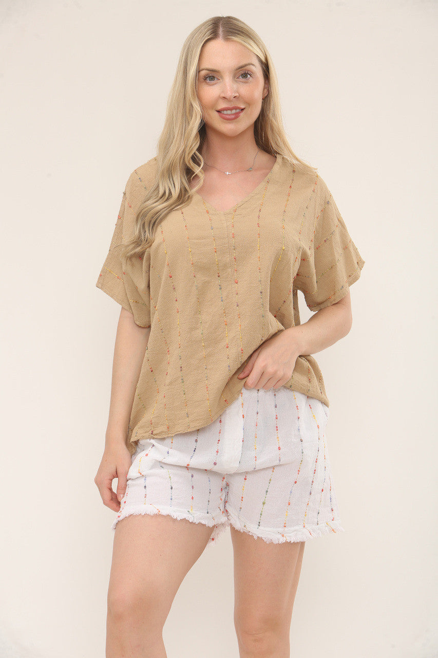 Multicolored Vertical Embroidered Drawstring Shorts - White